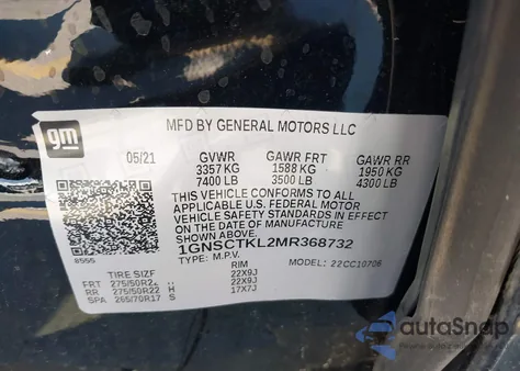 2021 Chevrolet Tahoe 2Wd High Country z USA, uszkodzony, nr VIN 1GNSCTKL2MR368732